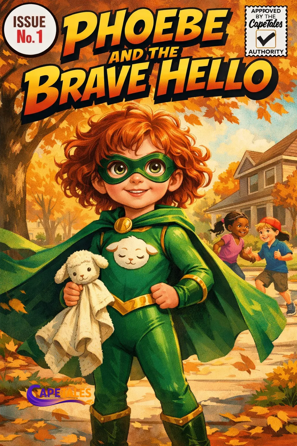 Phoebe and the Brave Hello — a personalized CapeTales comic book cover showing a child as a superhero