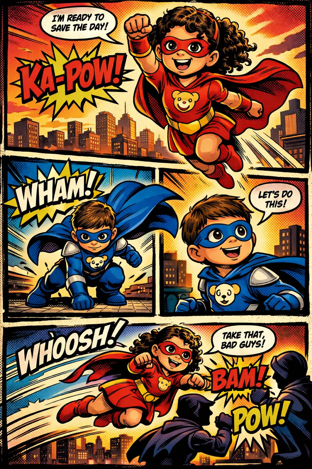 Superhero Comic style — bold action panels